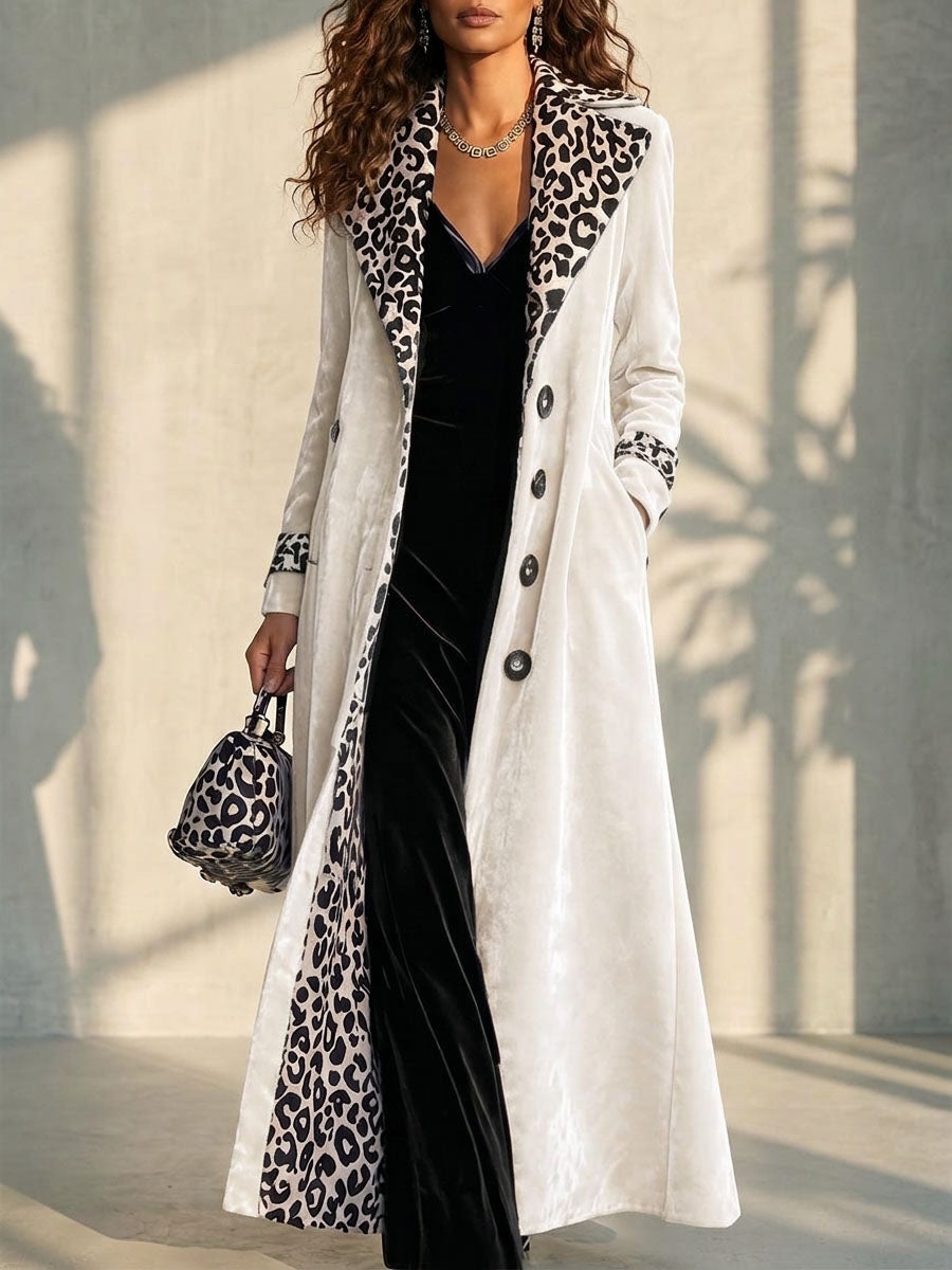 Women Velvet Long Trench Coat, Leopard Lapel Collar Double Breasted Maxi Outerwear Jacket