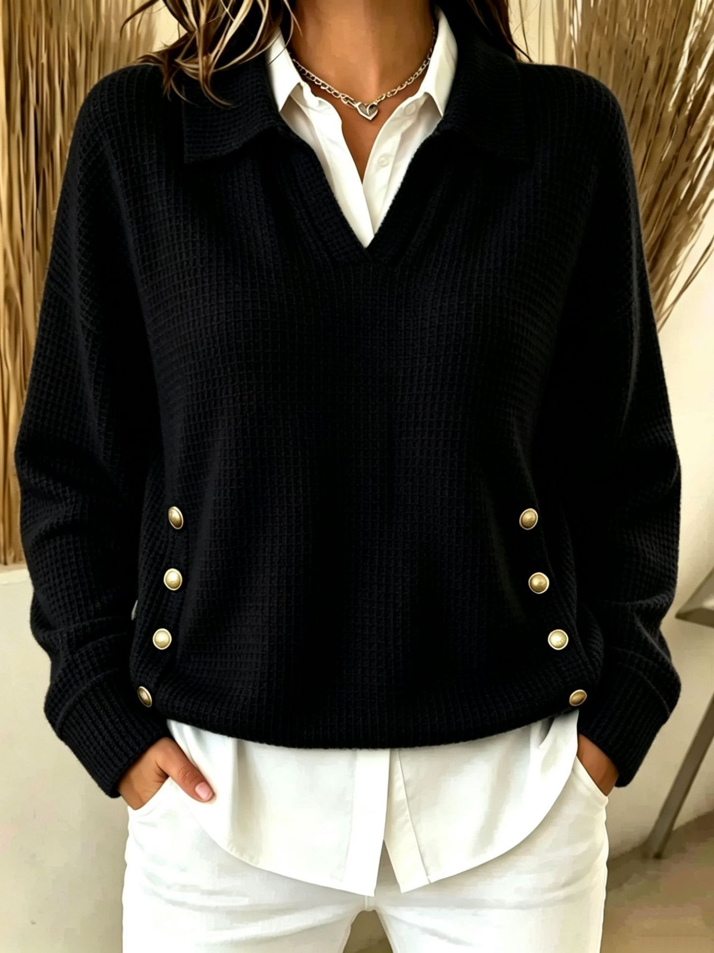 Women's Relaxed Collared Waffle-Knit Side-Button Sweater
