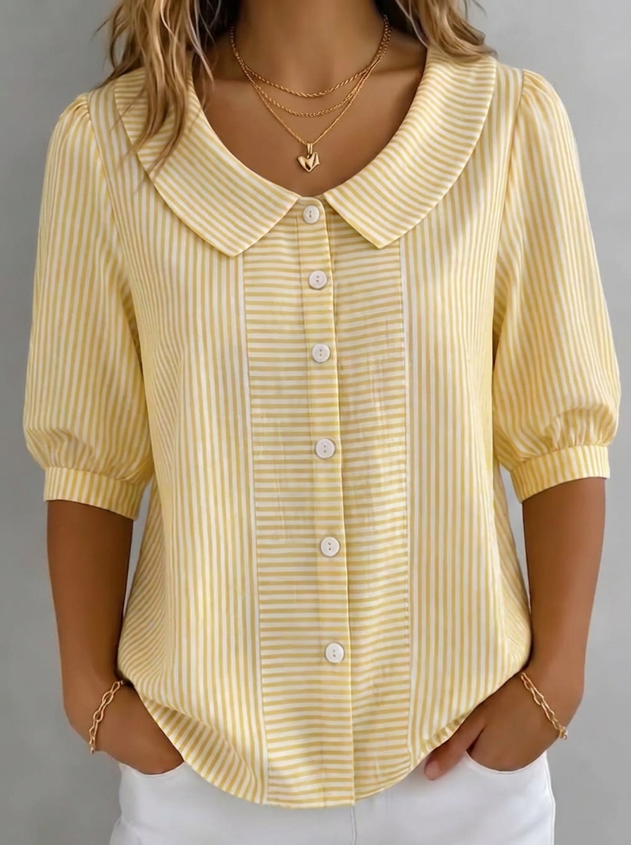 Striped Button-Down Blouse with Peter Pan Collar