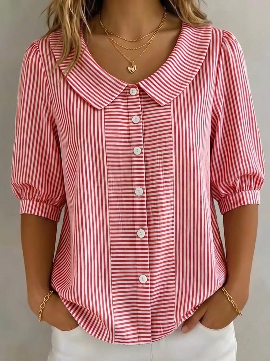 Striped Button-Down Blouse with Peter Pan Collar