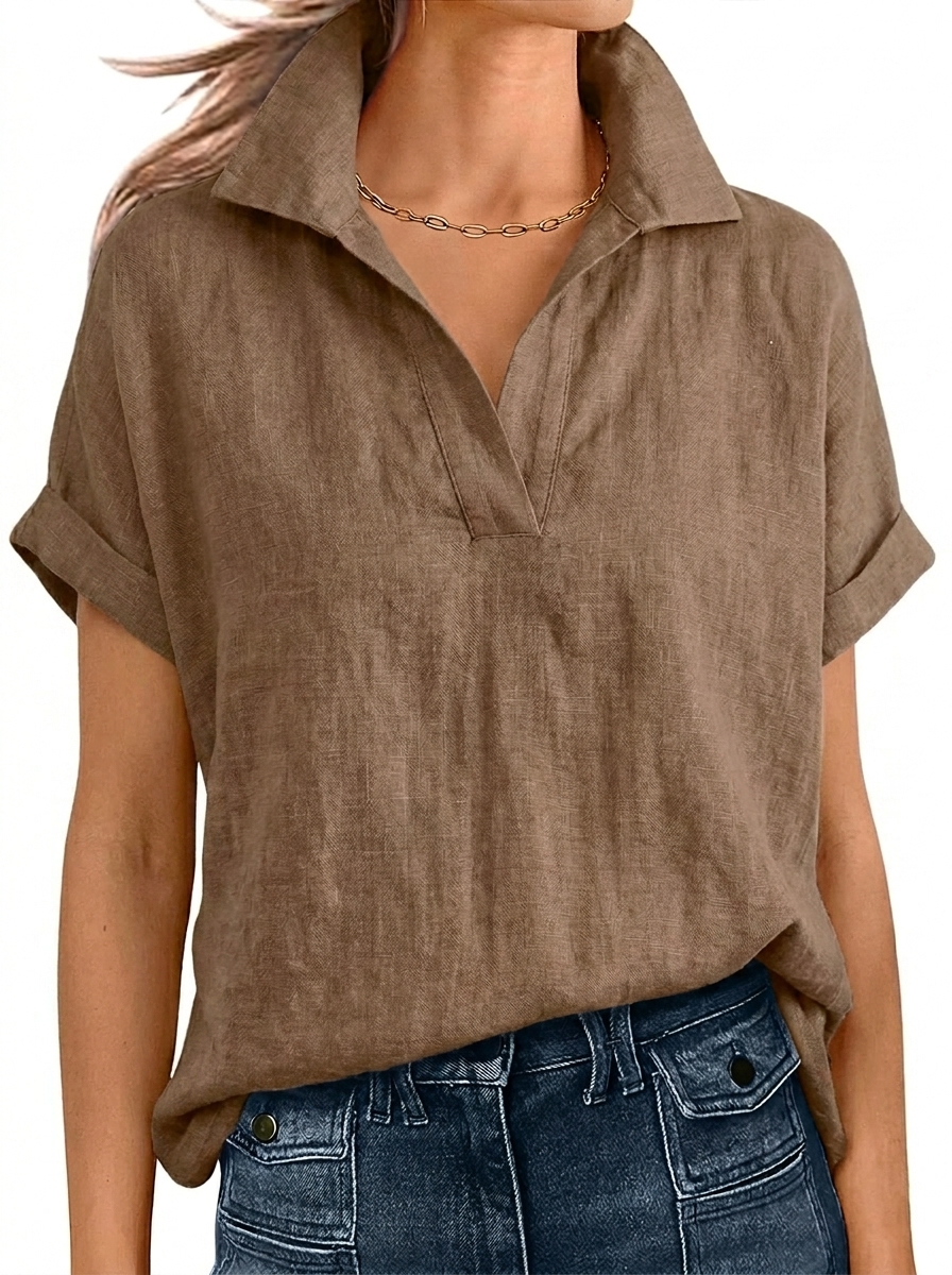 Relaxed Linen Short Sleeve V-Neck Blouse