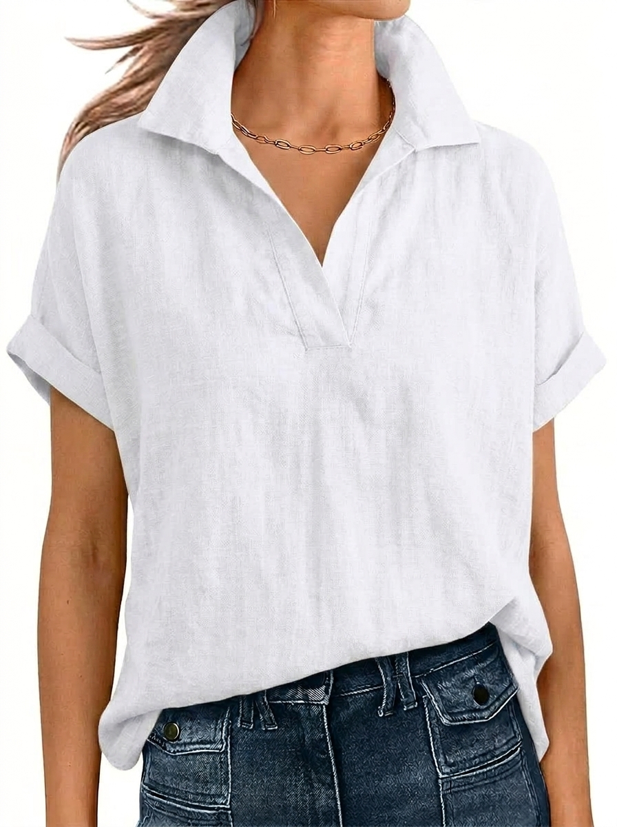 Relaxed Linen Short Sleeve V-Neck Blouse