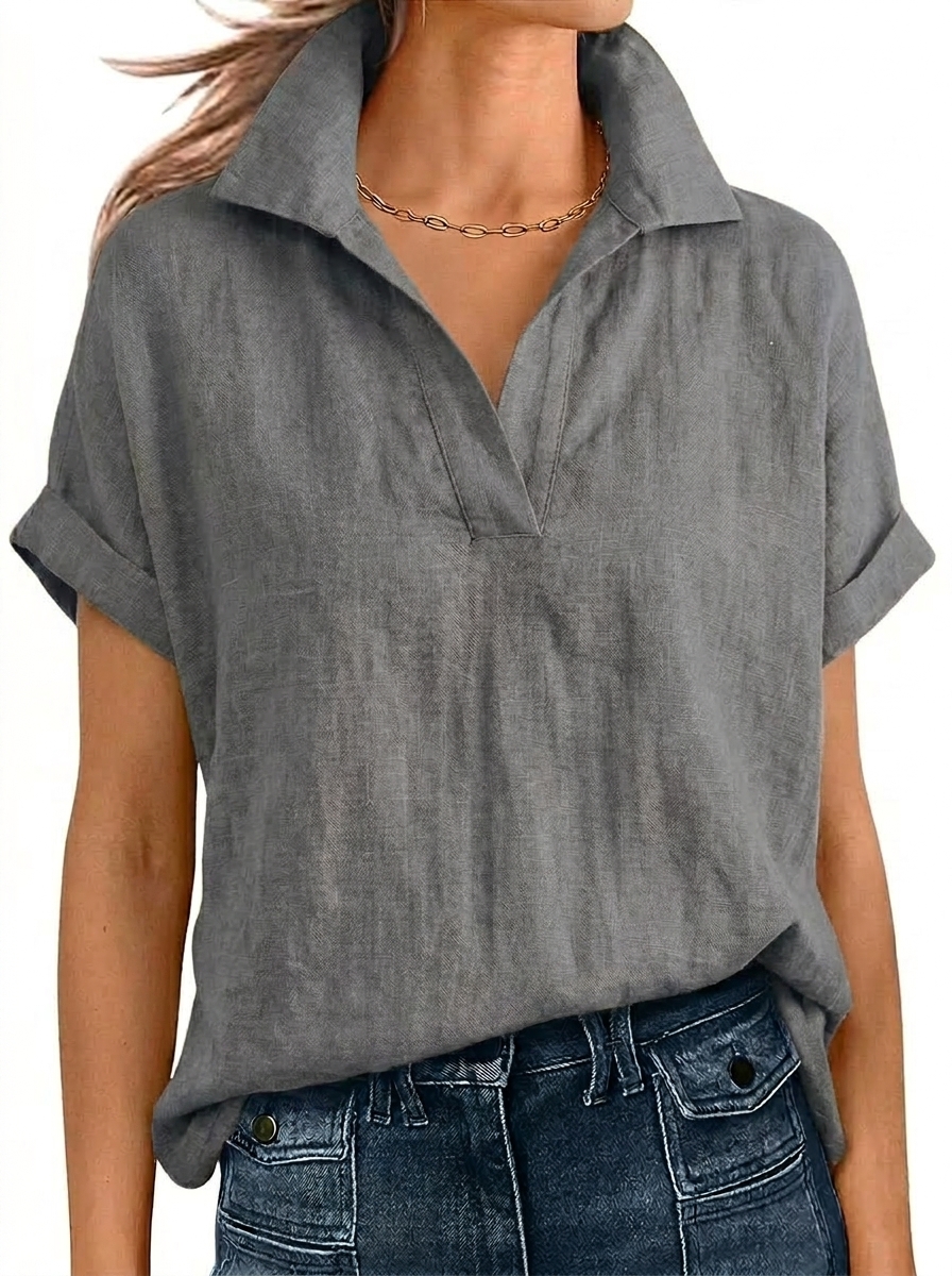 Relaxed Linen Short Sleeve V-Neck Blouse
