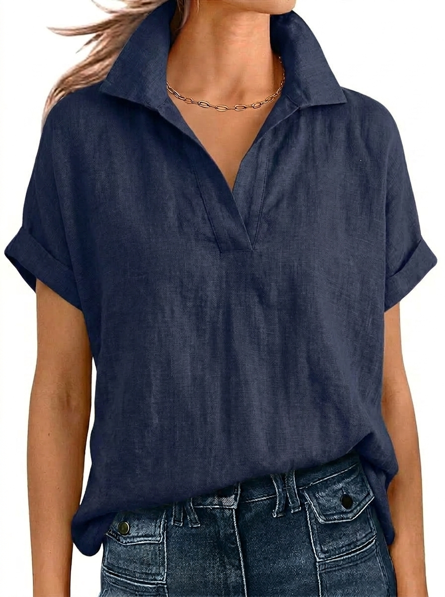 Relaxed Linen Short Sleeve V-Neck Blouse