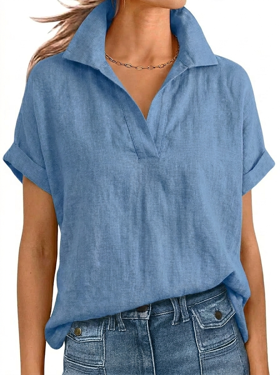 Relaxed Linen Short Sleeve V-Neck Blouse