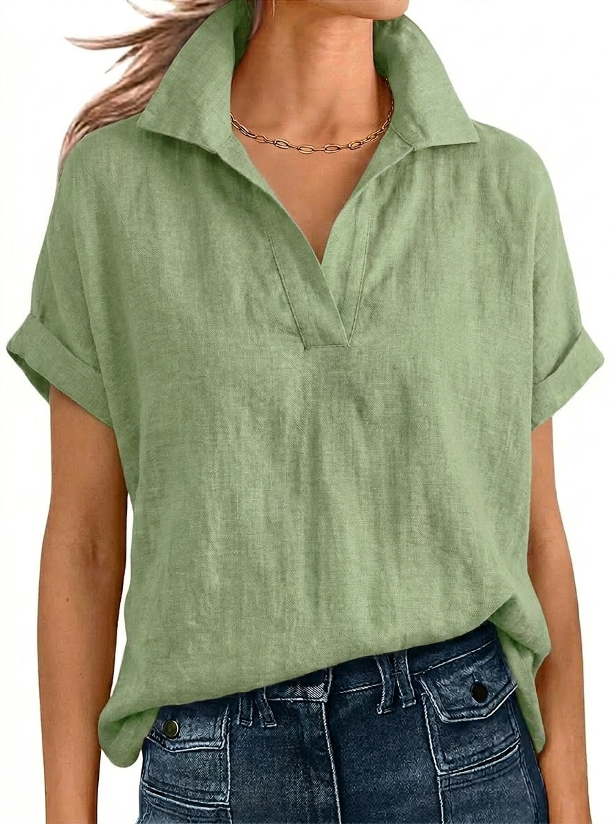 Relaxed Linen Short Sleeve V-Neck Blouse