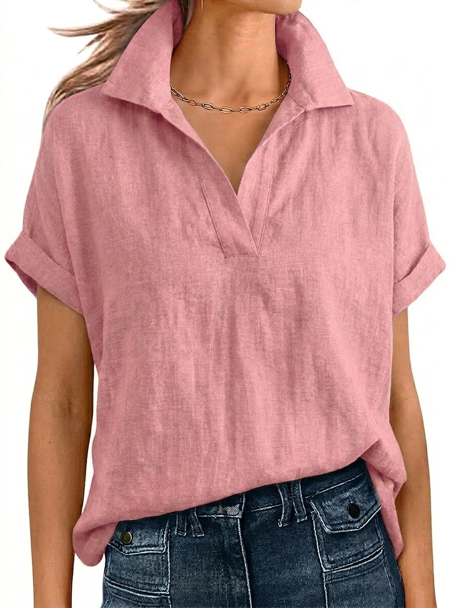 Relaxed Linen Short Sleeve V-Neck Blouse