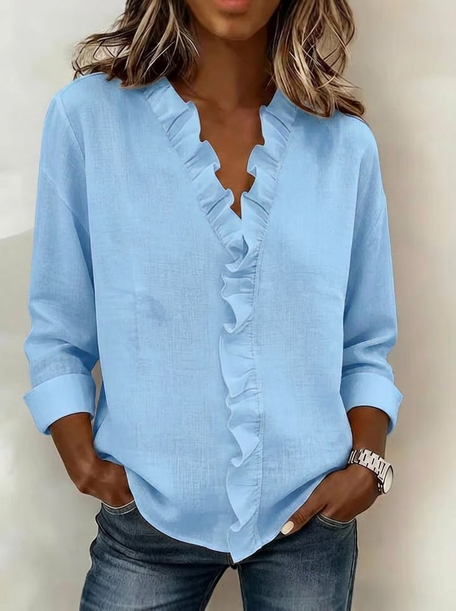 Elegant Ruffle V-Neck Linen Blend Blouse