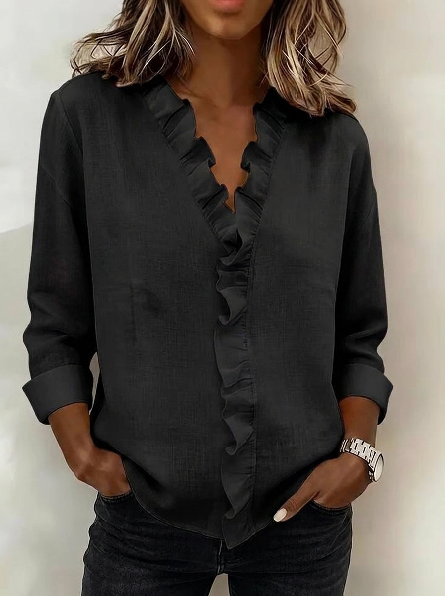 Elegant Ruffle V-Neck Linen Blend Blouse