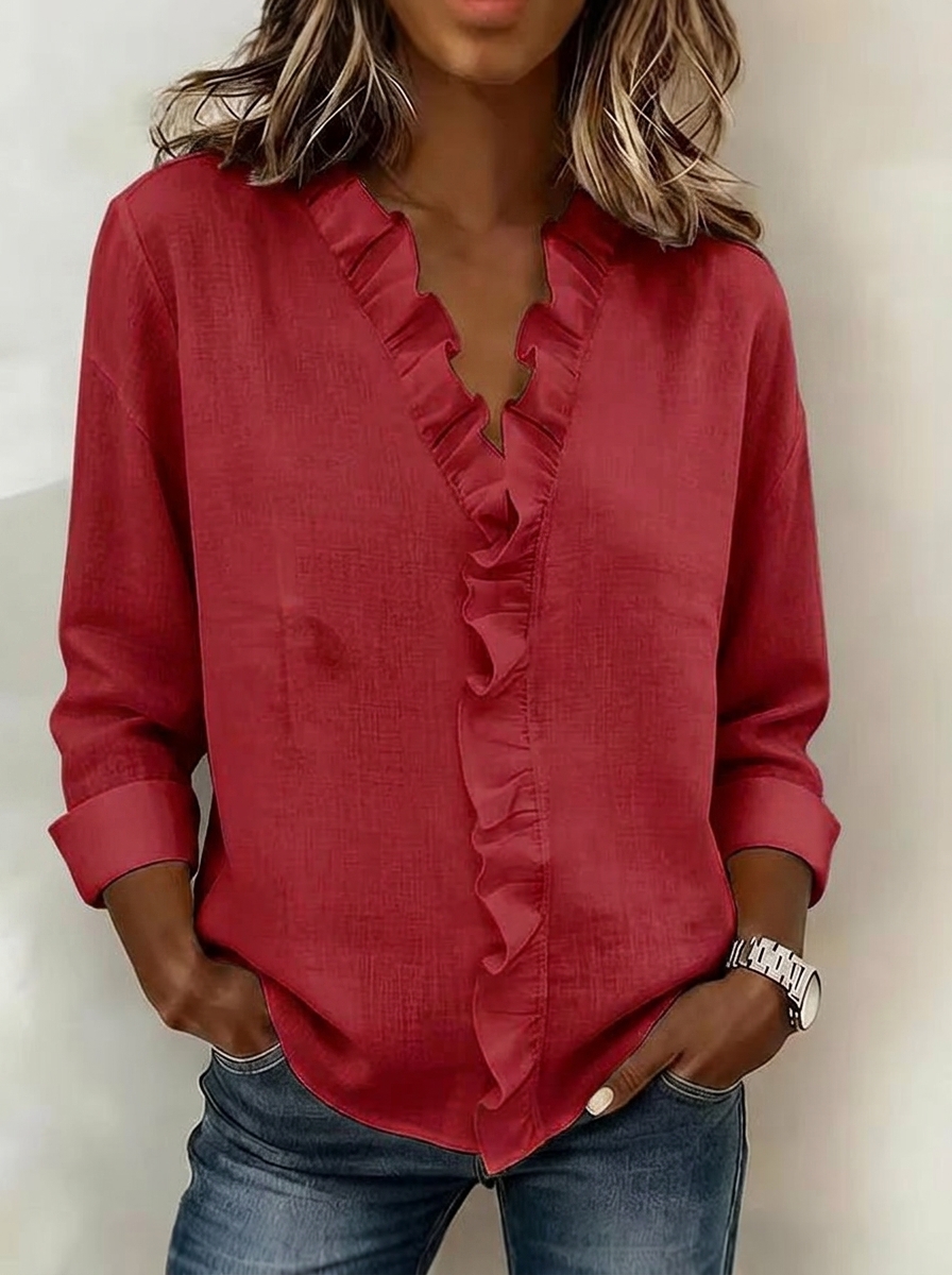 Elegant Ruffle V-Neck Linen Blend Blouse