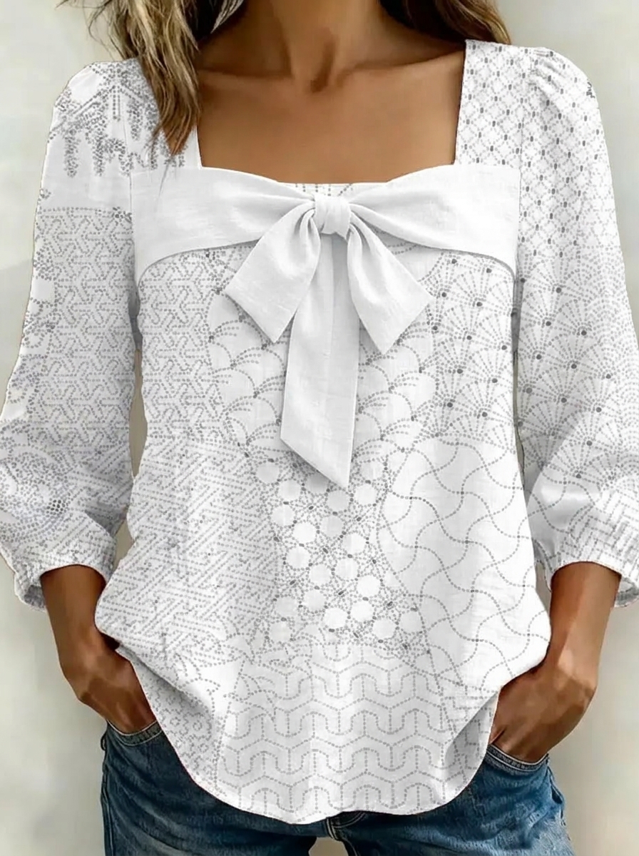 New Arrivals🔥Women’s Cotton Linen Printed Bow Square Neck Blouse