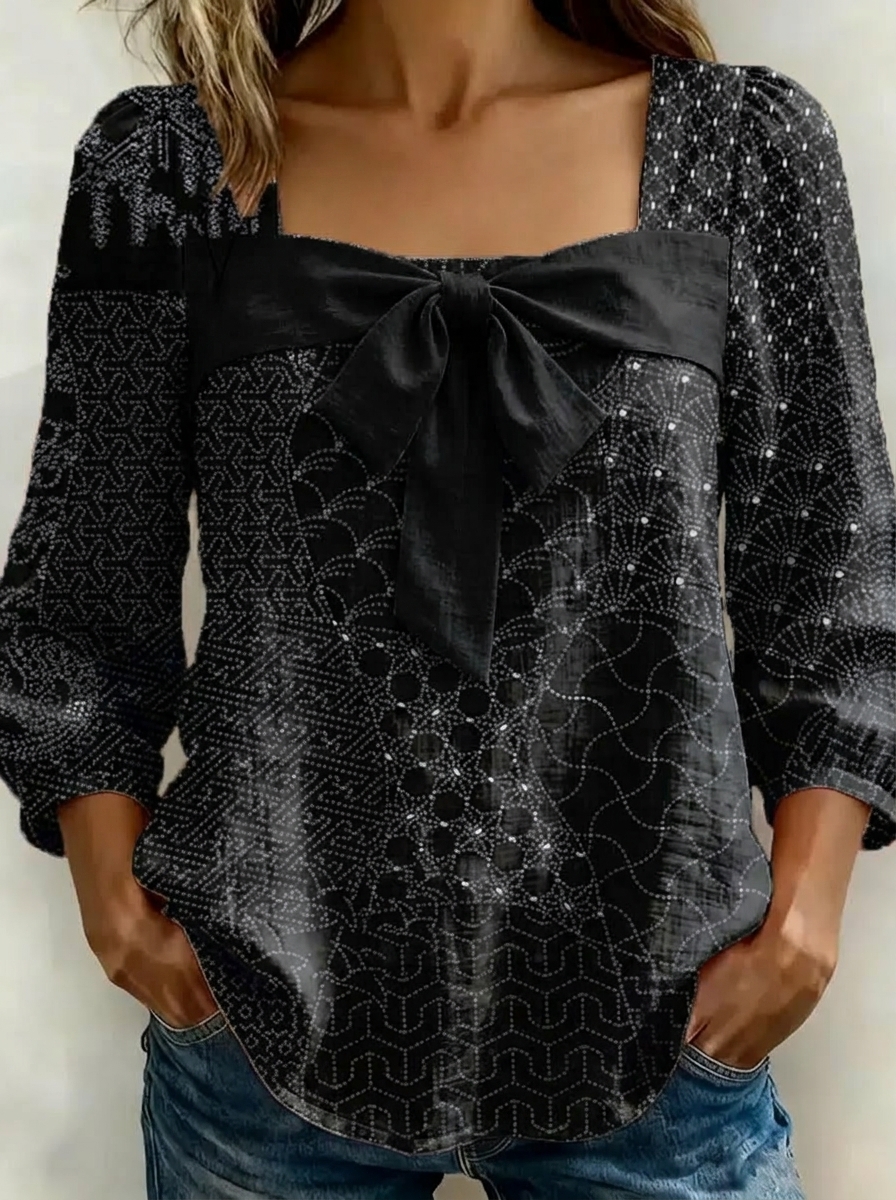 New Arrivals🔥Women’s Cotton Linen Printed Bow Square Neck Blouse