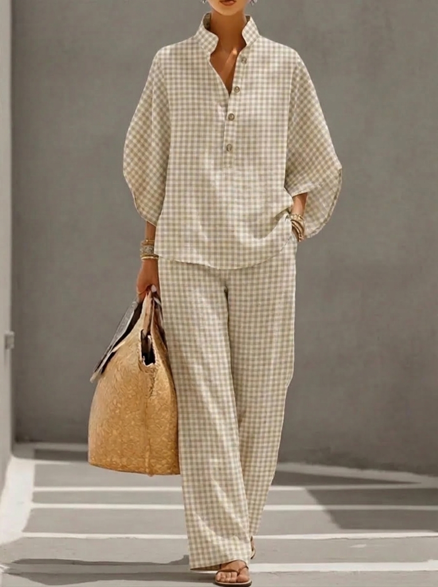 Limited-Time Offer: 49% OFF🔥Women’s Cotton Linen Gingham Henley Two-Piece Set
