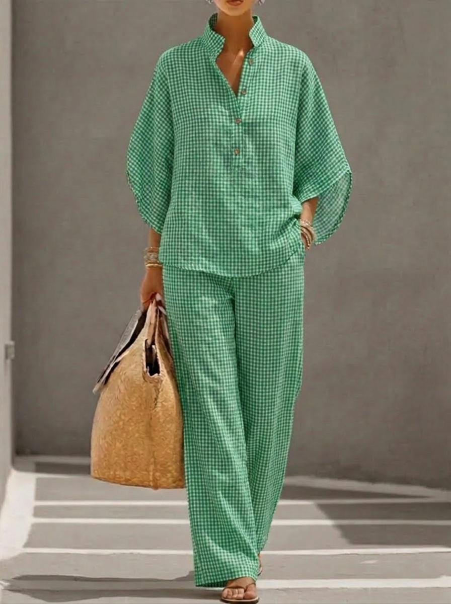 Limited-Time Offer: 49% OFF🔥Women’s Cotton Linen Gingham Henley Two-Piece Set