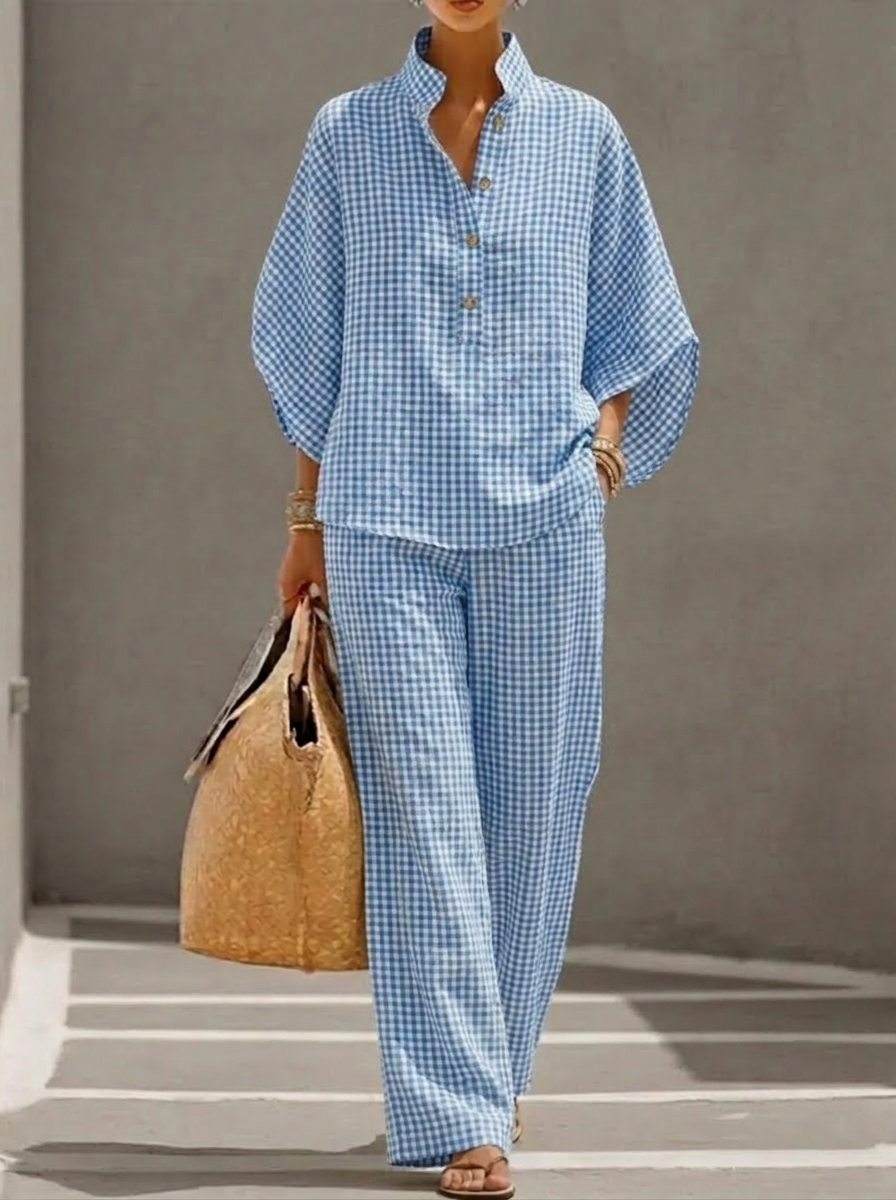 Limited-Time Offer: 49% OFF🔥Women’s Cotton Linen Gingham Henley Two-Piece Set