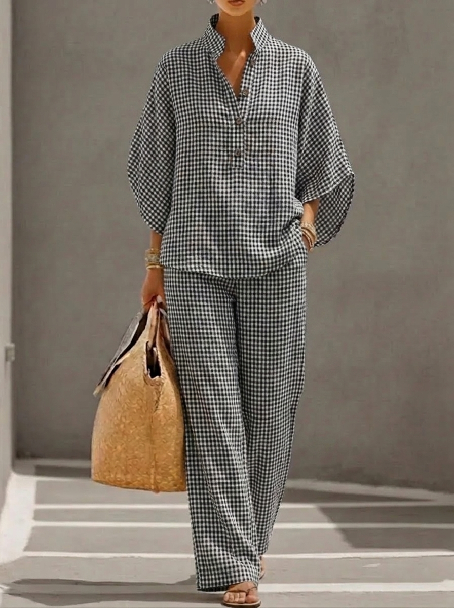 Limited-Time Offer: 49% OFF🔥Women’s Cotton Linen Gingham Henley Two-Piece Set