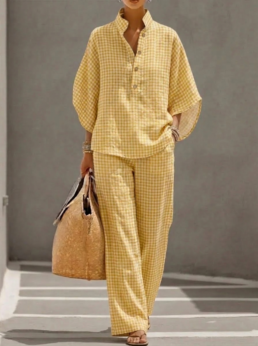 Limited-Time Offer: 49% OFF🔥Women’s Cotton Linen Gingham Henley Two-Piece Set