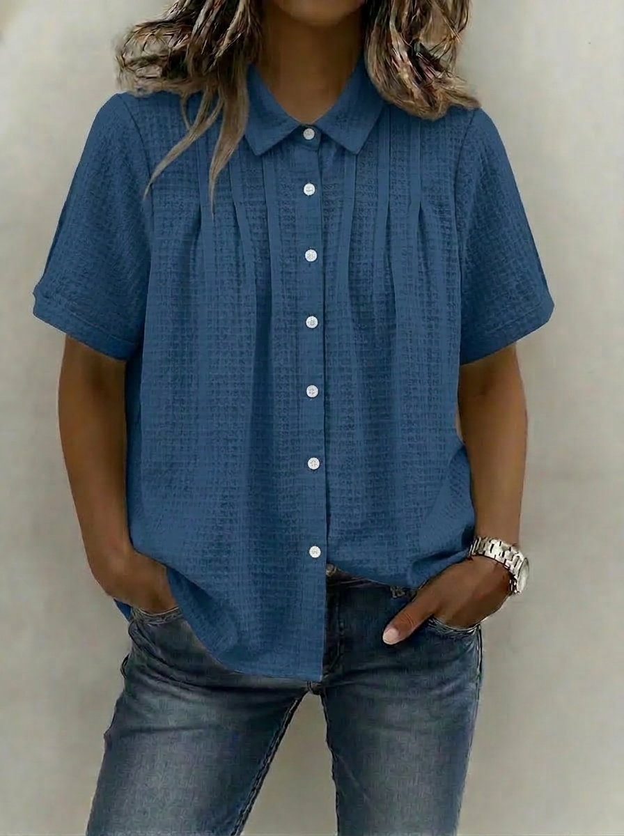Women’s Soft Waffle Knit Pleated Button-Up Shirt