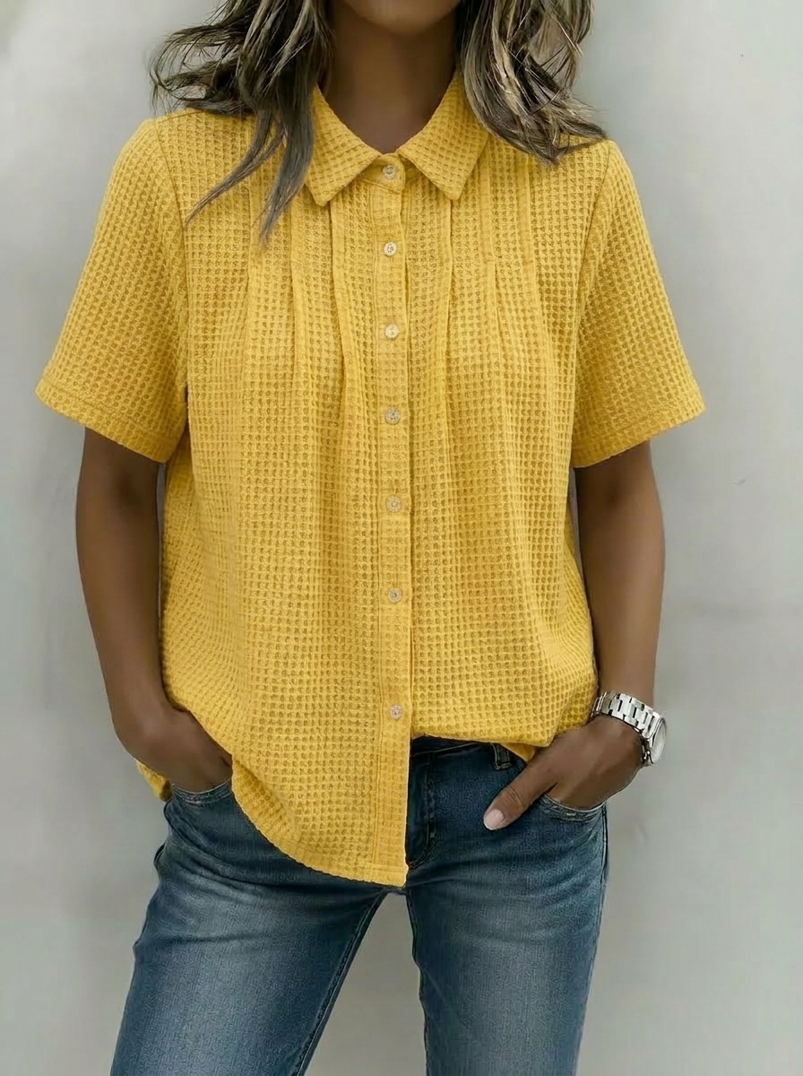 Women’s Soft Waffle Knit Pleated Button-Up Shirt