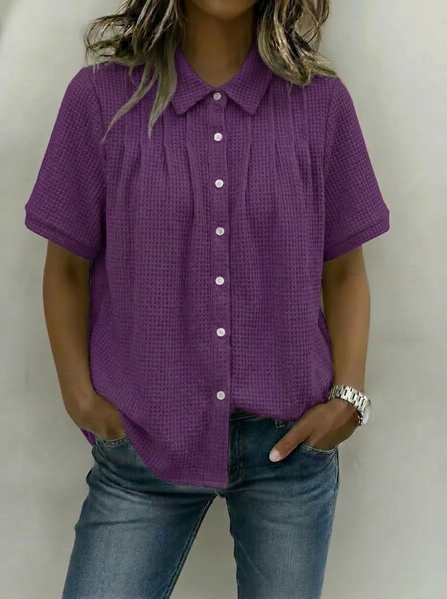 Women’s Soft Waffle Knit Pleated Button-Up Shirt