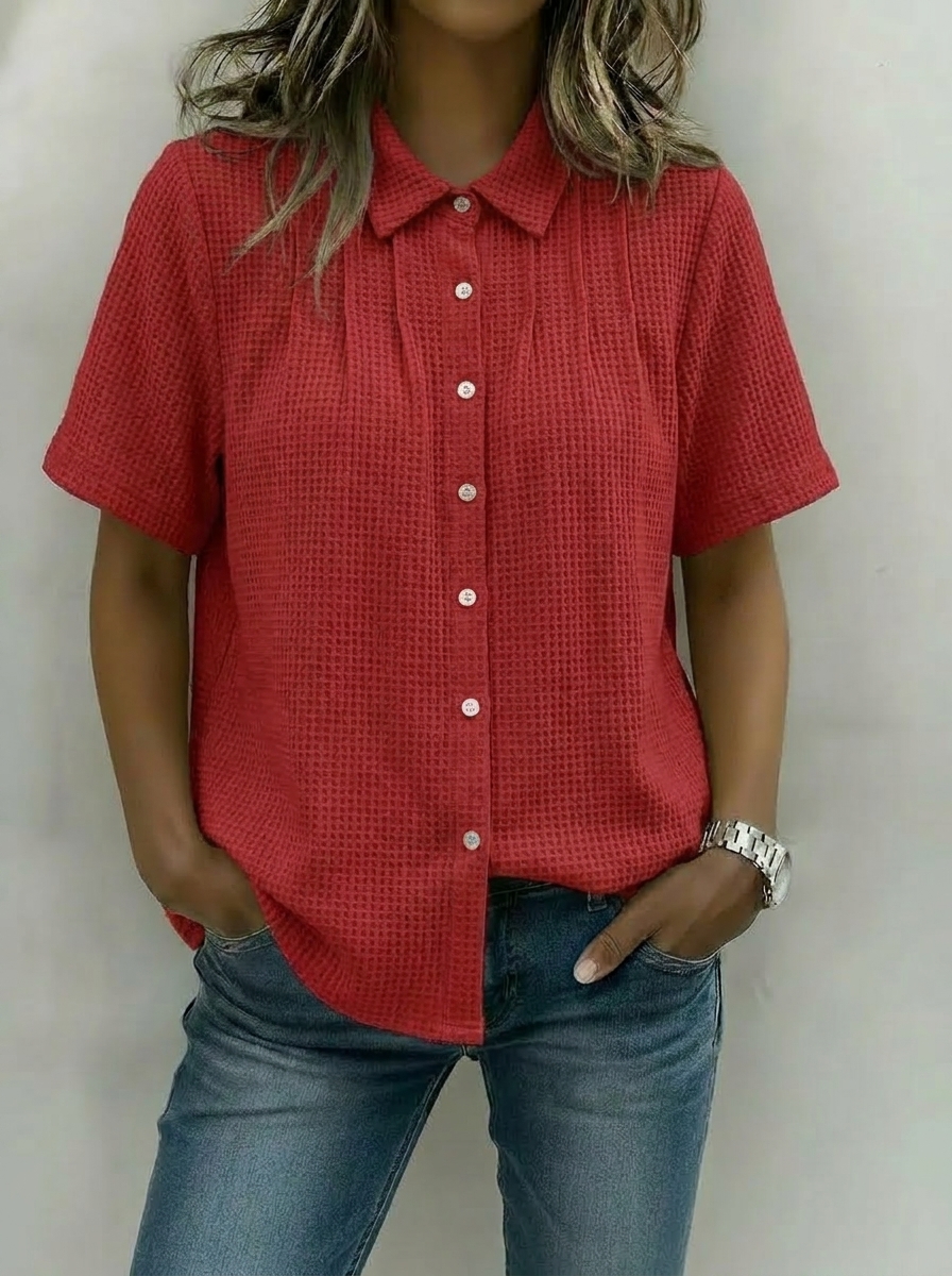 Women’s Soft Waffle Knit Pleated Button-Up Shirt