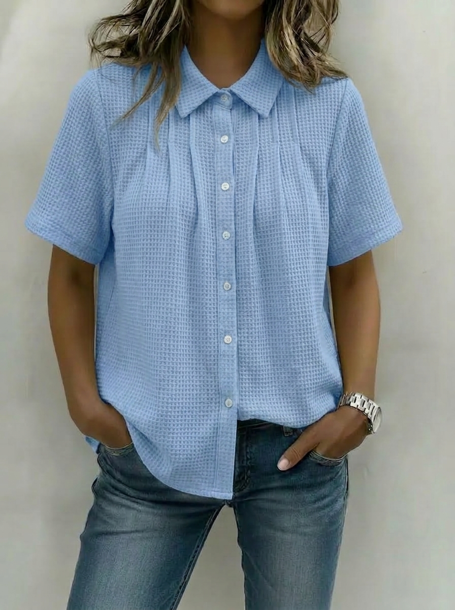 Women’s Soft Waffle Knit Pleated Button-Up Shirt