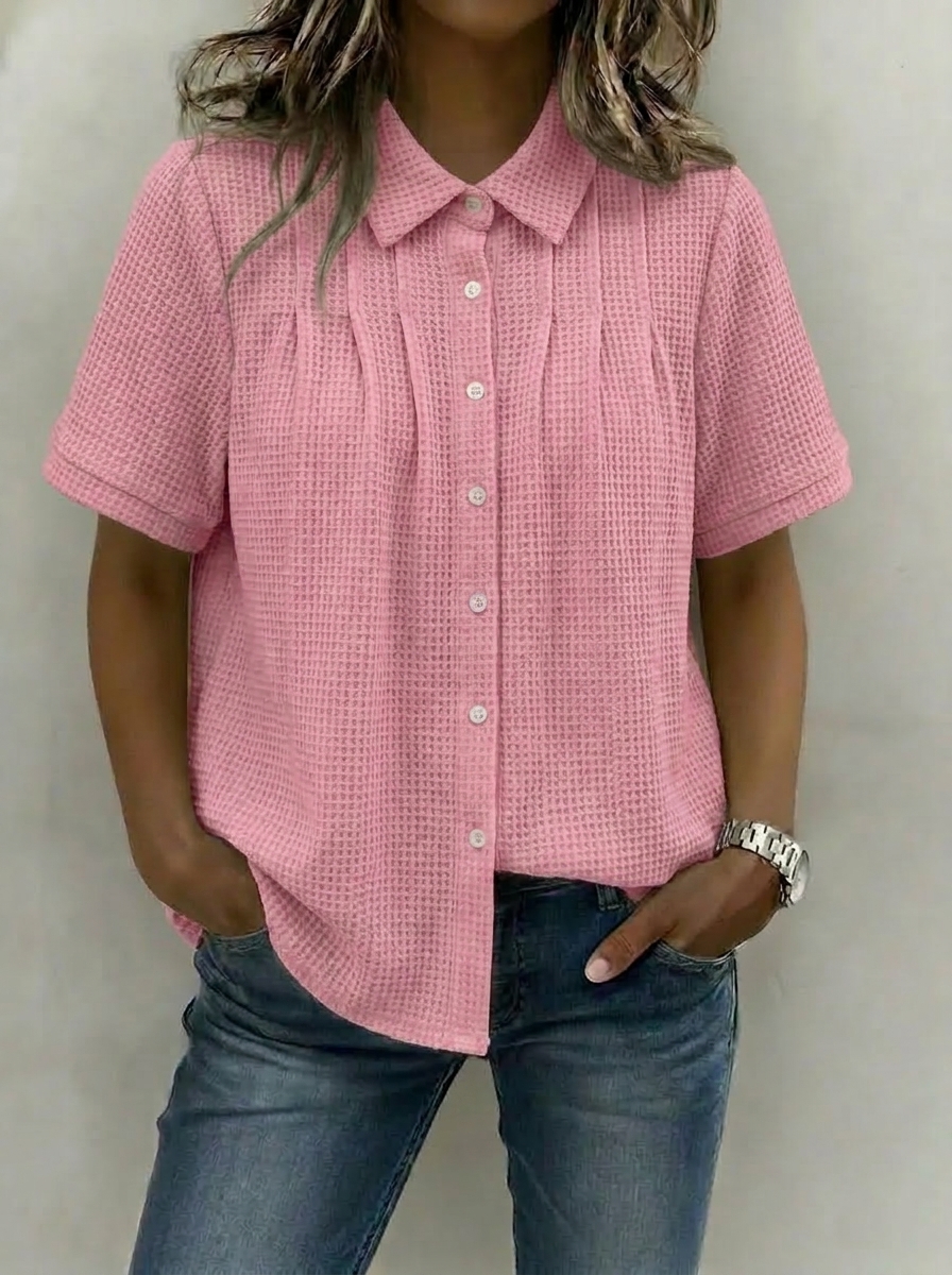Women’s Soft Waffle Knit Pleated Button-Up Shirt