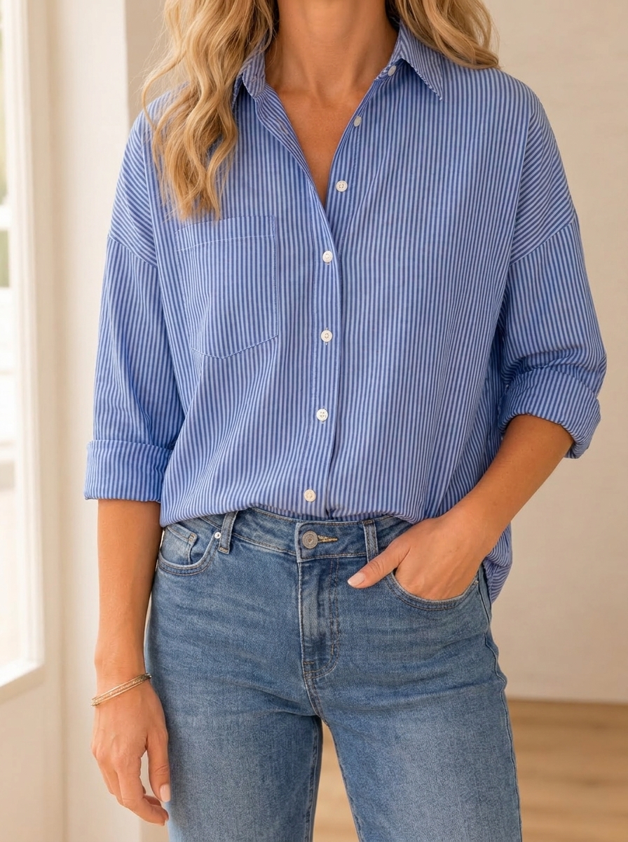 Women’s Cotton Linen Striped Loose Button-Up Shirt