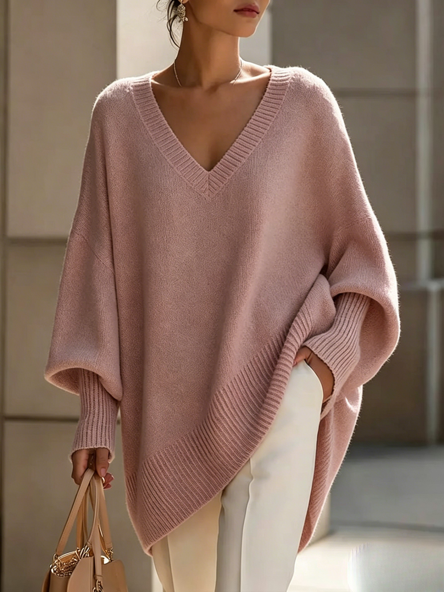 Women's Relaxed-Fit V-Neck Long-Sleeve Knit Sweater