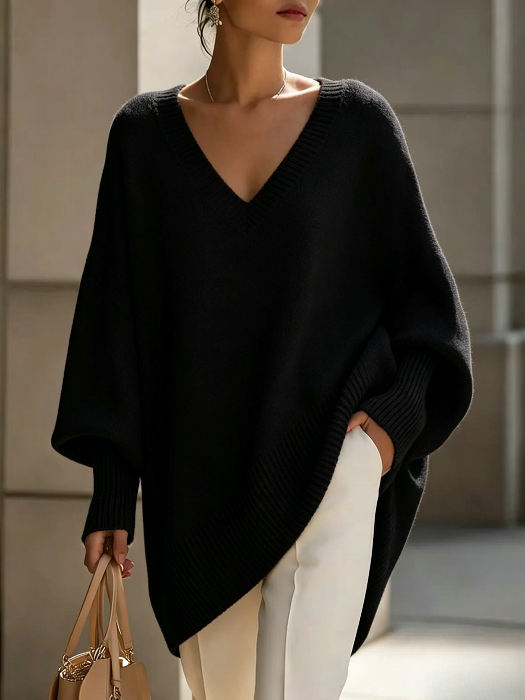 Women's Relaxed-Fit V-Neck Long-Sleeve Knit Sweater