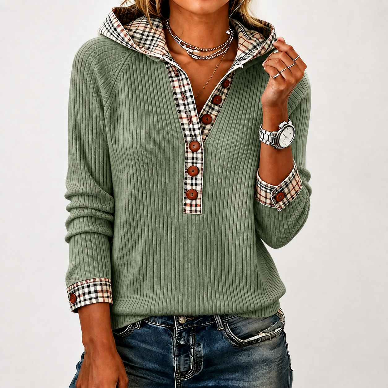 New Arrival🔥 Cozy Plaid Detail Knit Henley Pullover