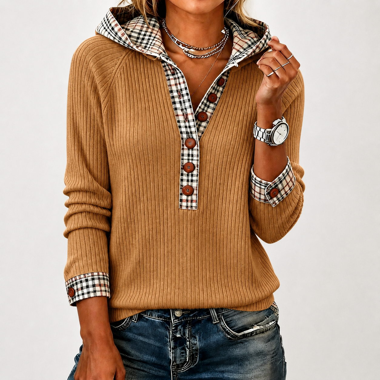 New Arrival🔥 Cozy Plaid Detail Knit Henley Pullover