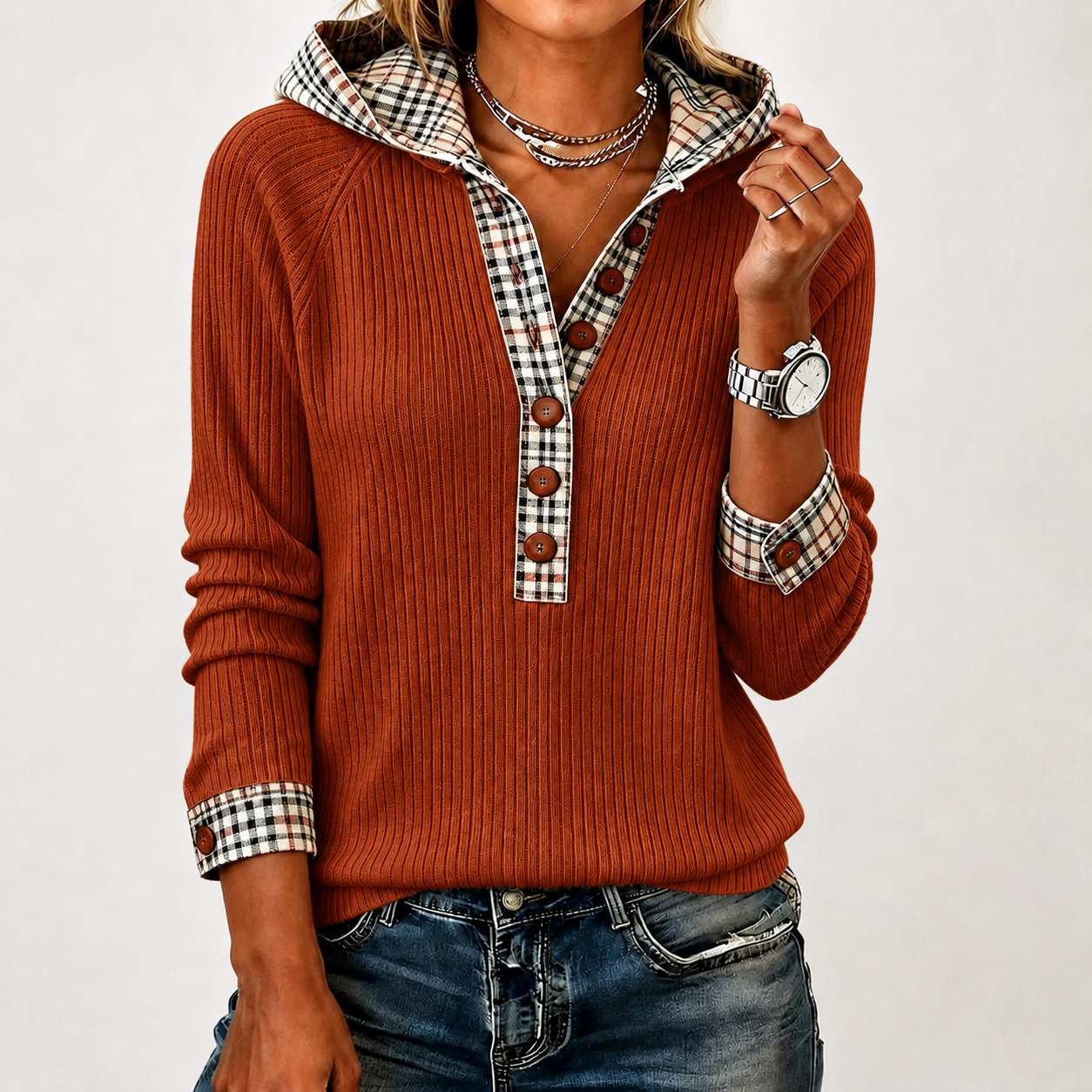 New Arrival🔥 Cozy Plaid Detail Knit Henley Pullover
