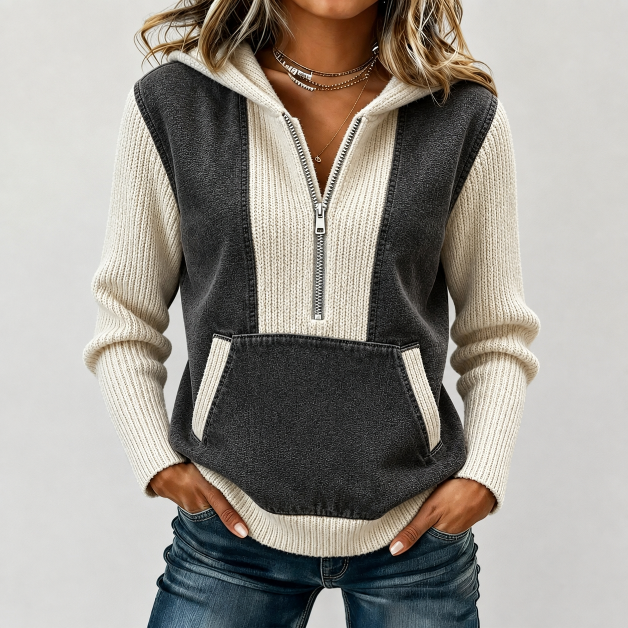 New Arrival🔥 Cozy Contrast Knit Hooded Pullover