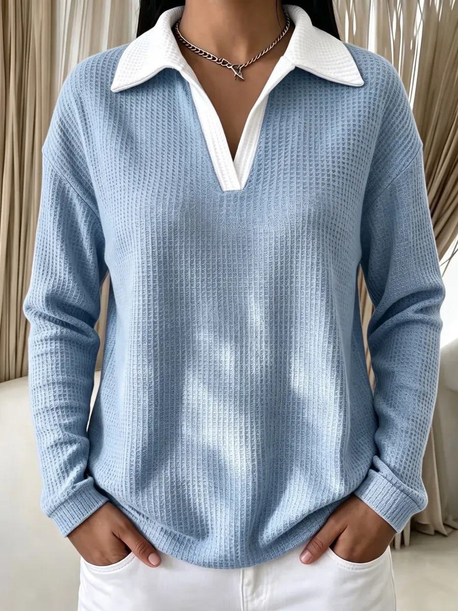 Women's contrast-collar waffle long-sleeve pullover in Blue