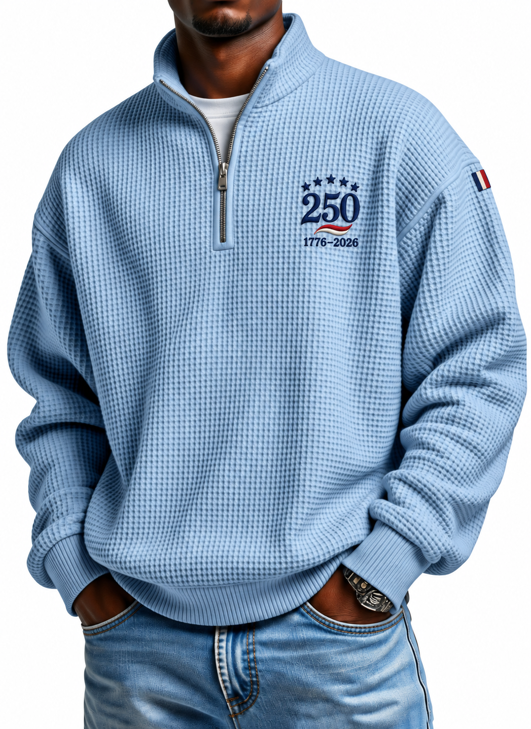 Men's USA 250 waffle half-zip pullover in Light Blue