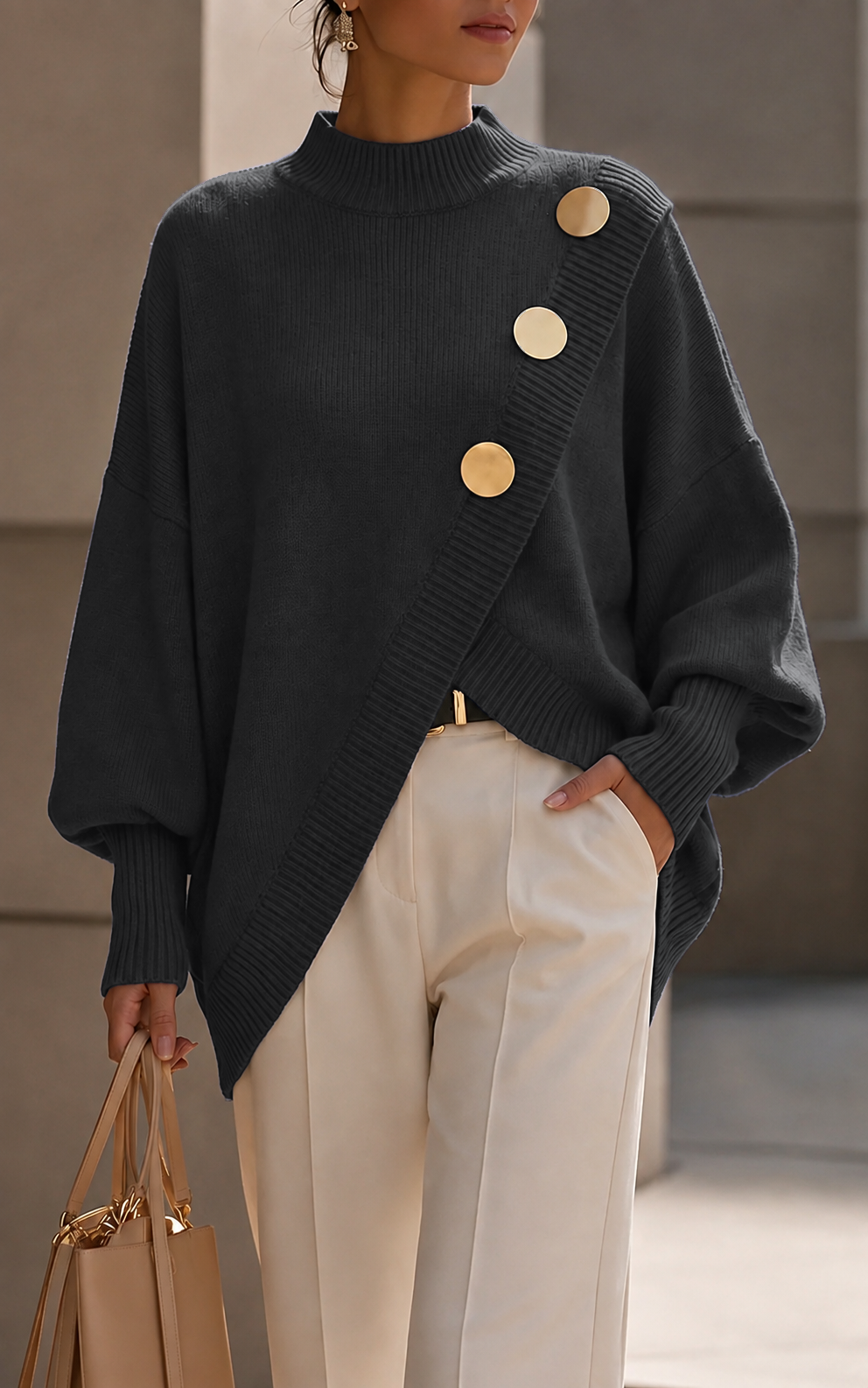 Women’s Asymmetrical Button Trim Knit Sweater