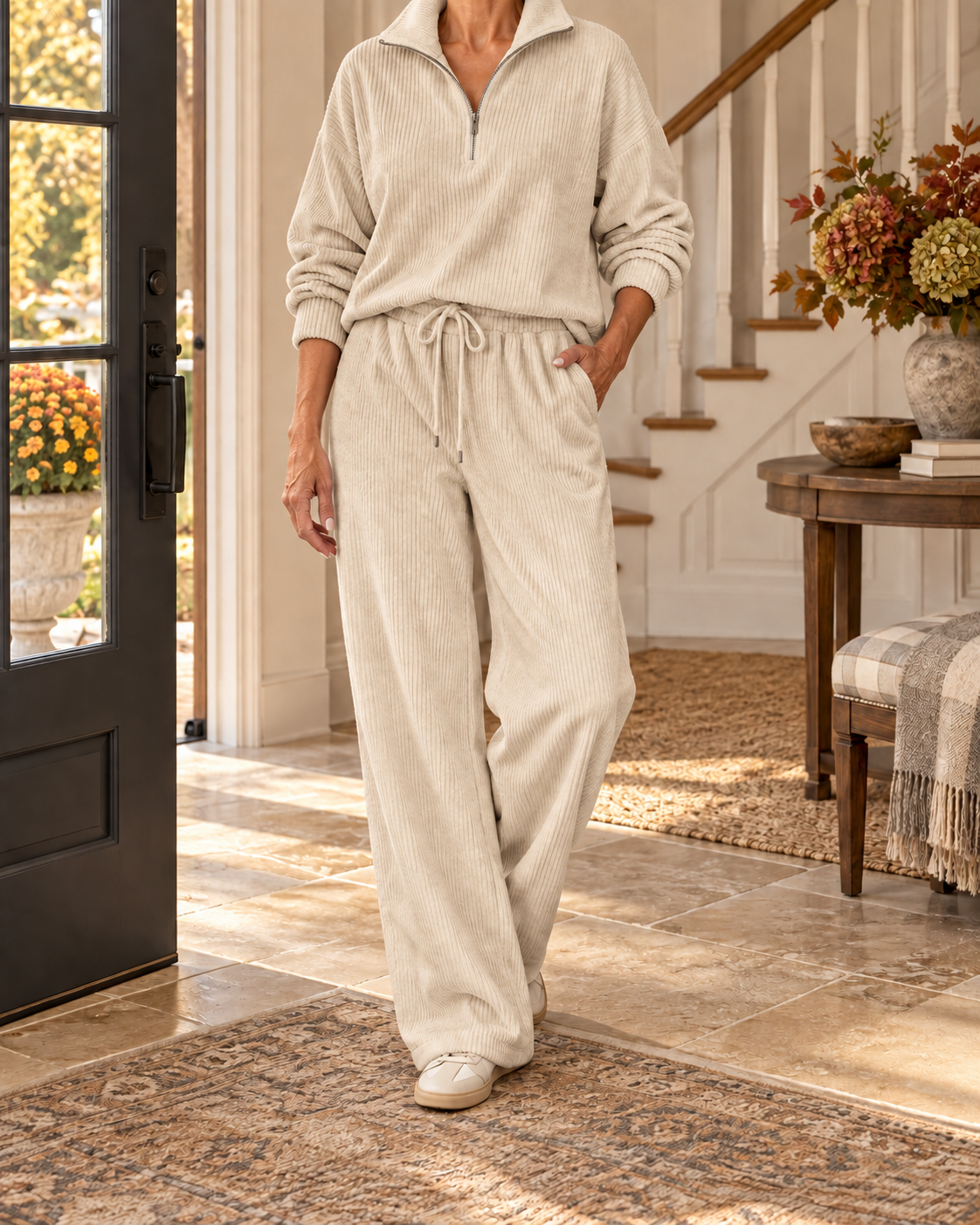 Women's Corduroy Half-Zip Lounge Set – Relaxed Wide-Leg Fit