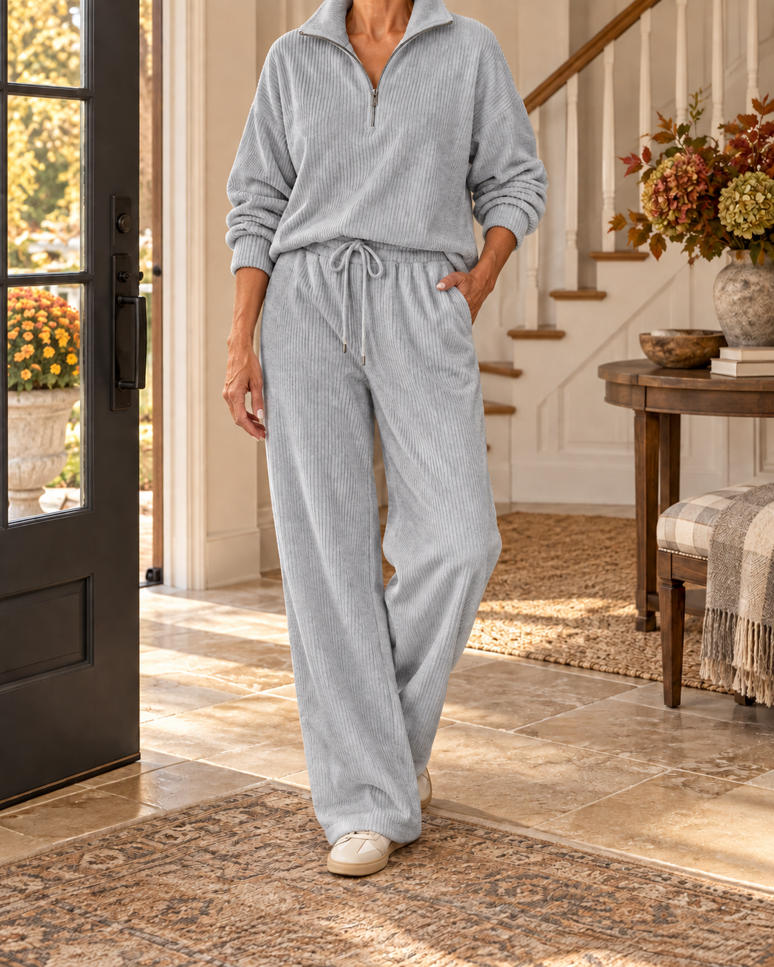 Women's Corduroy Half-Zip Lounge Set – Relaxed Wide-Leg Fit