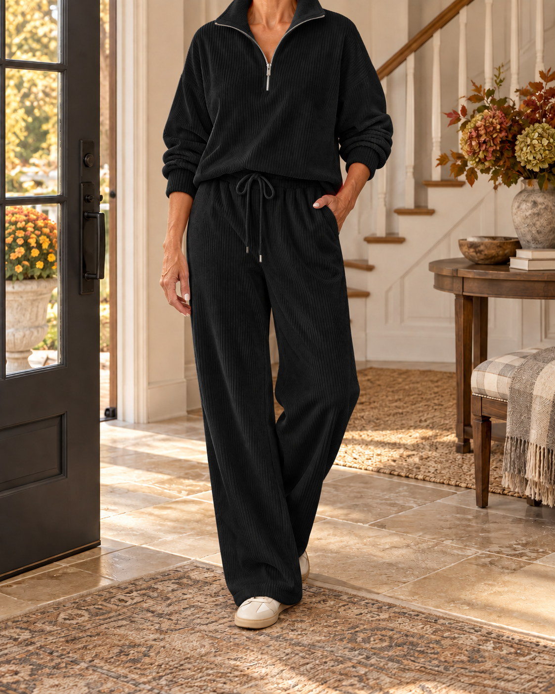Women's Corduroy Half-Zip Lounge Set – Relaxed Wide-Leg Fit