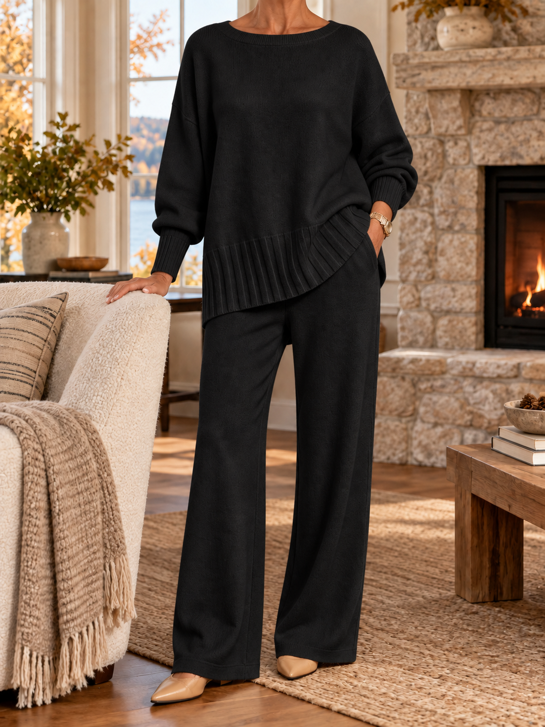 Women's Soft Knit Lounge Set – Relaxed Sweater & Wide-Leg Pants