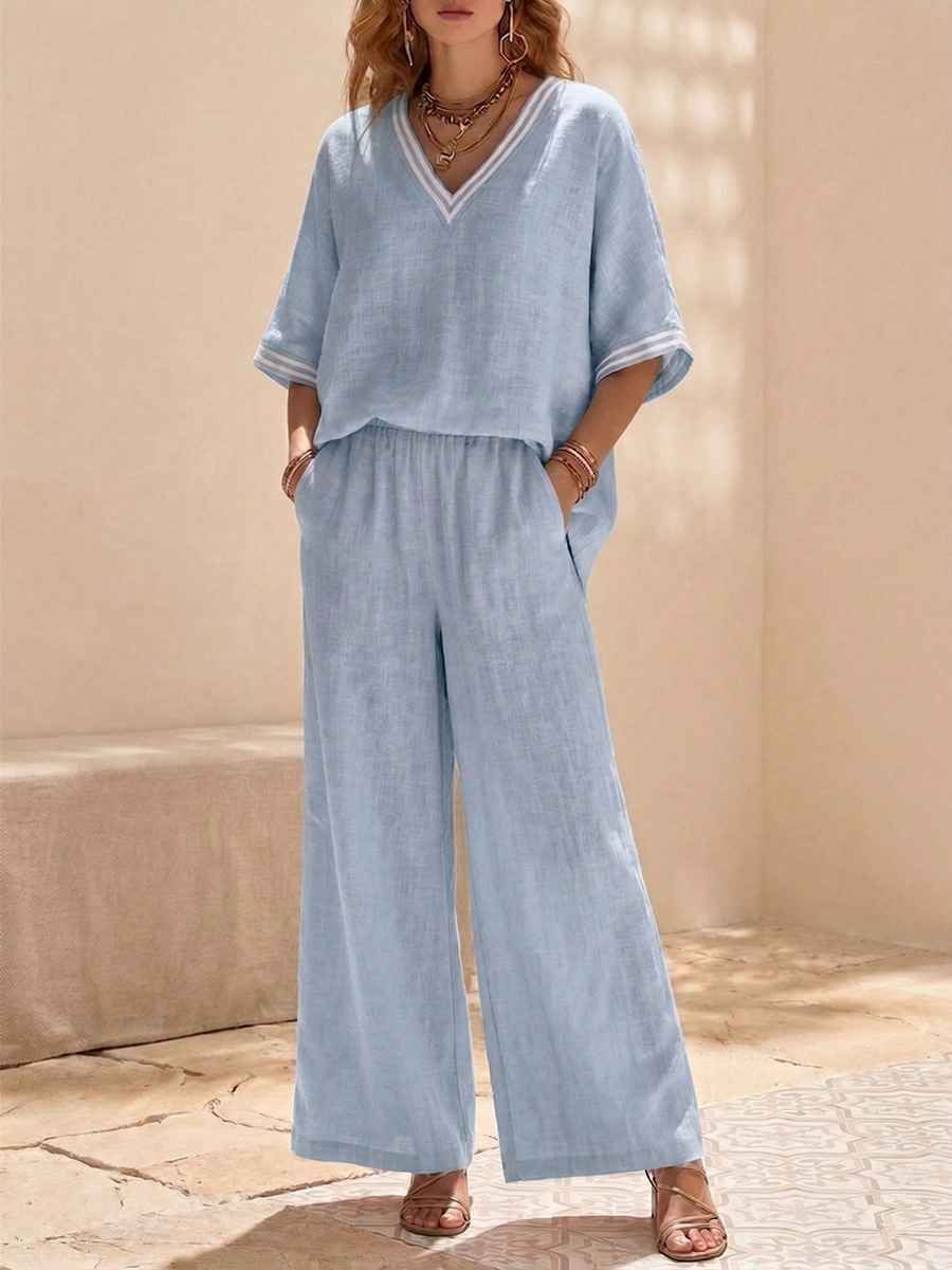 New Arrivals🔥Cozy Loose Fit V Neck Striped Cotton Linen Two Piece Set
