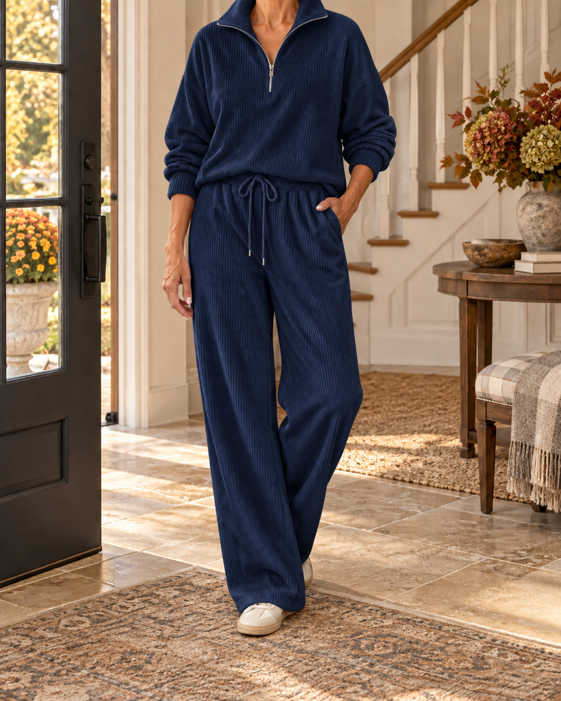 Women's Corduroy Half-Zip Lounge Set – Relaxed Wide-Leg Fit