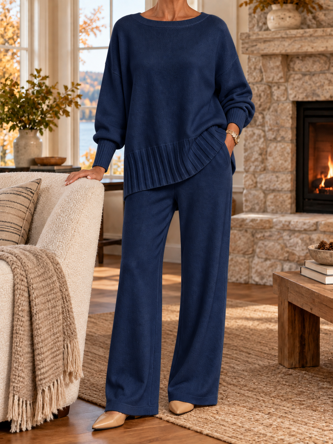 Women's Soft Knit Lounge Set – Relaxed Sweater & Wide-Leg Pants