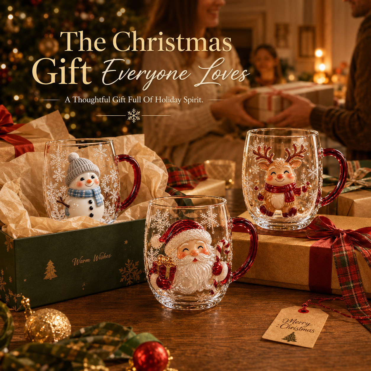Christmas glass mugs presented as festive gifts