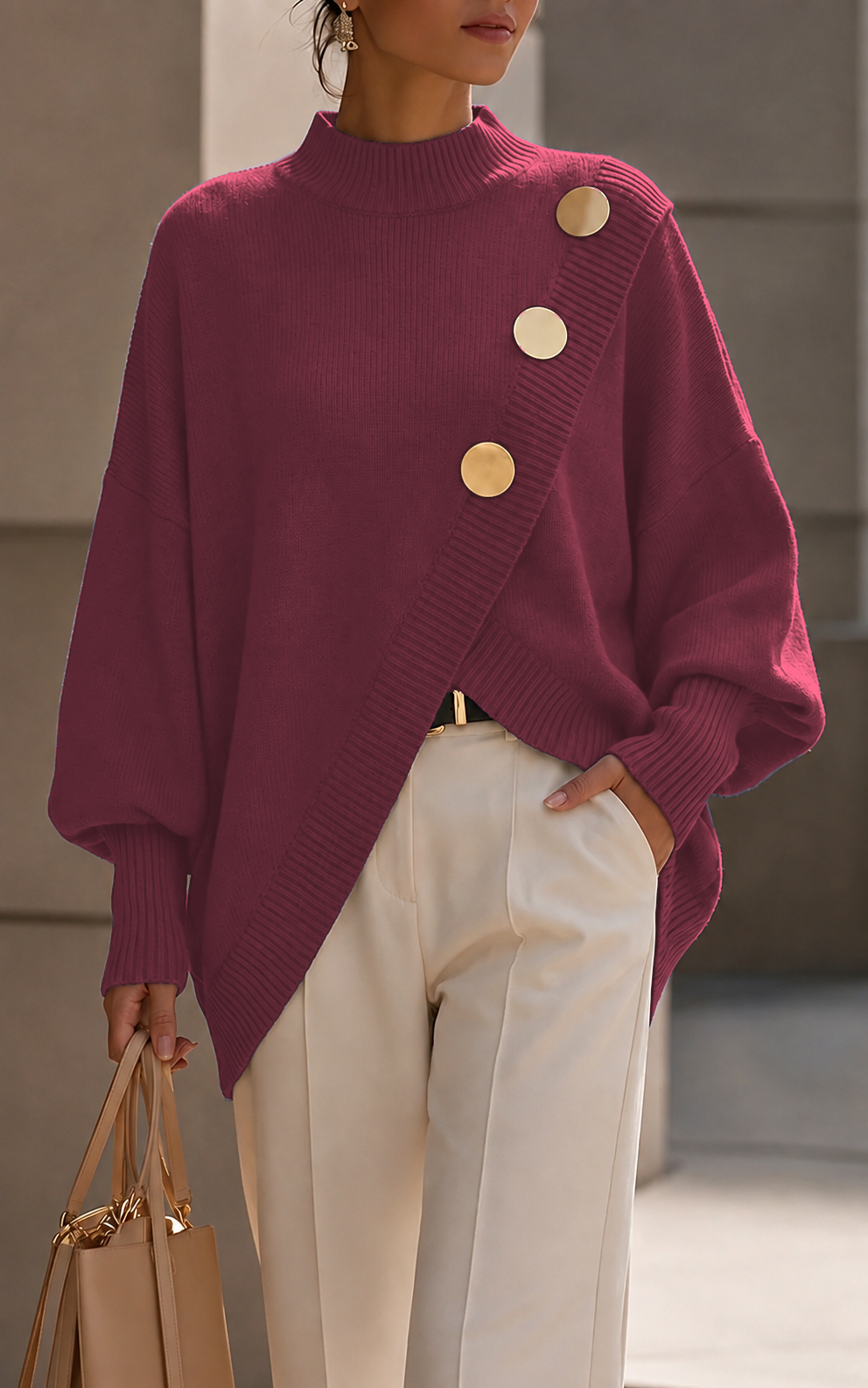 Women’s Asymmetrical Button Trim Knit Sweater