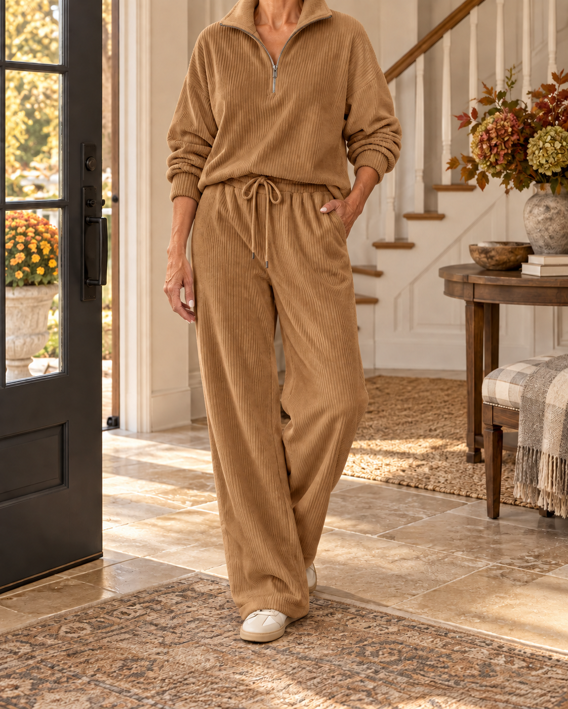 Women's Corduroy Half-Zip Lounge Set – Relaxed Wide-Leg Fit