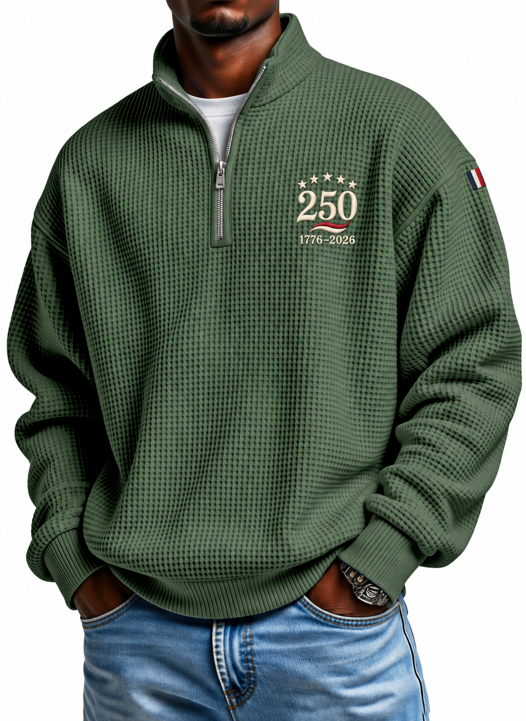 Men's USA 250 waffle half-zip pullover in Forest Green