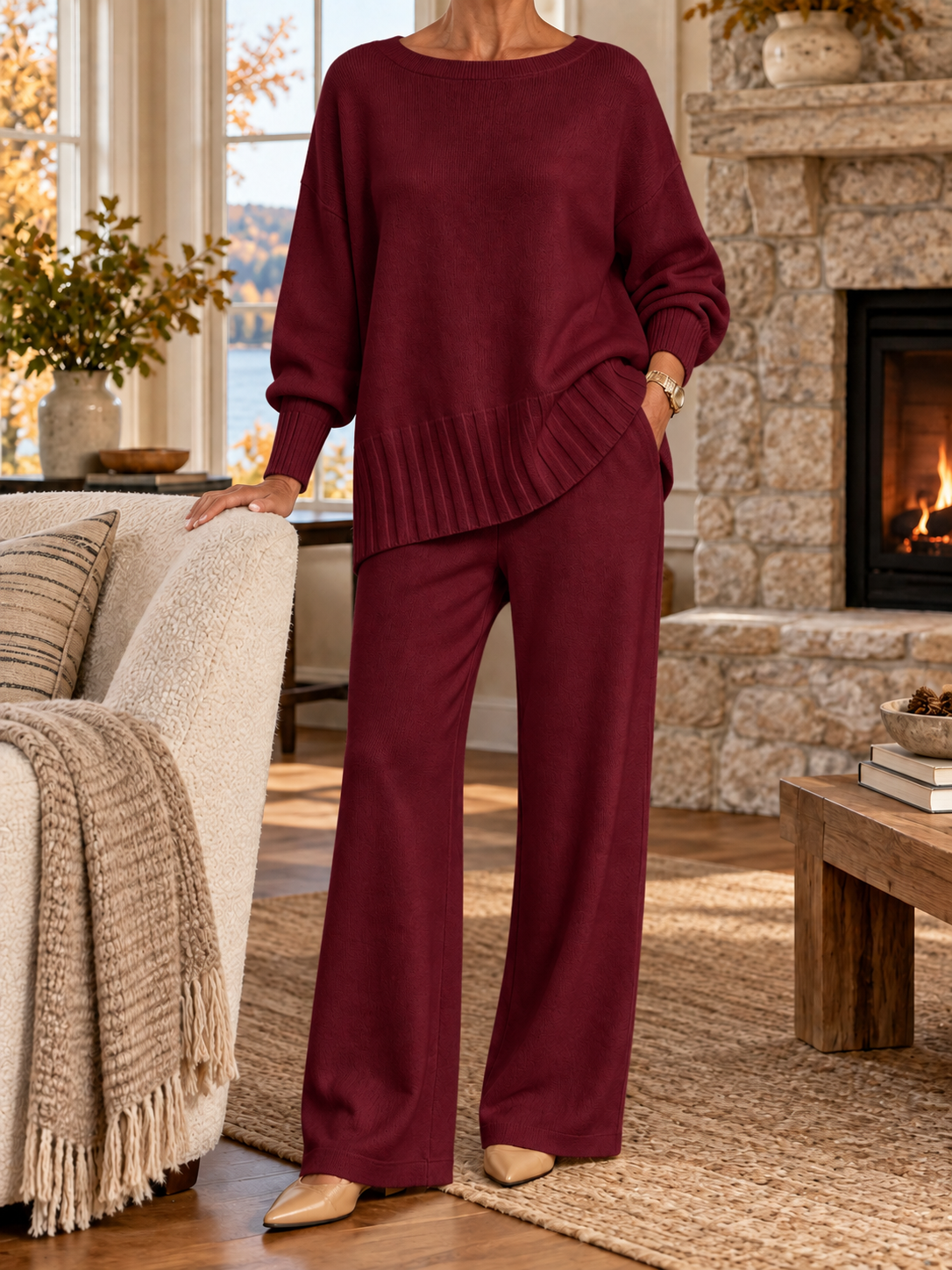 Women's Soft Knit Lounge Set – Relaxed Sweater & Wide-Leg Pants