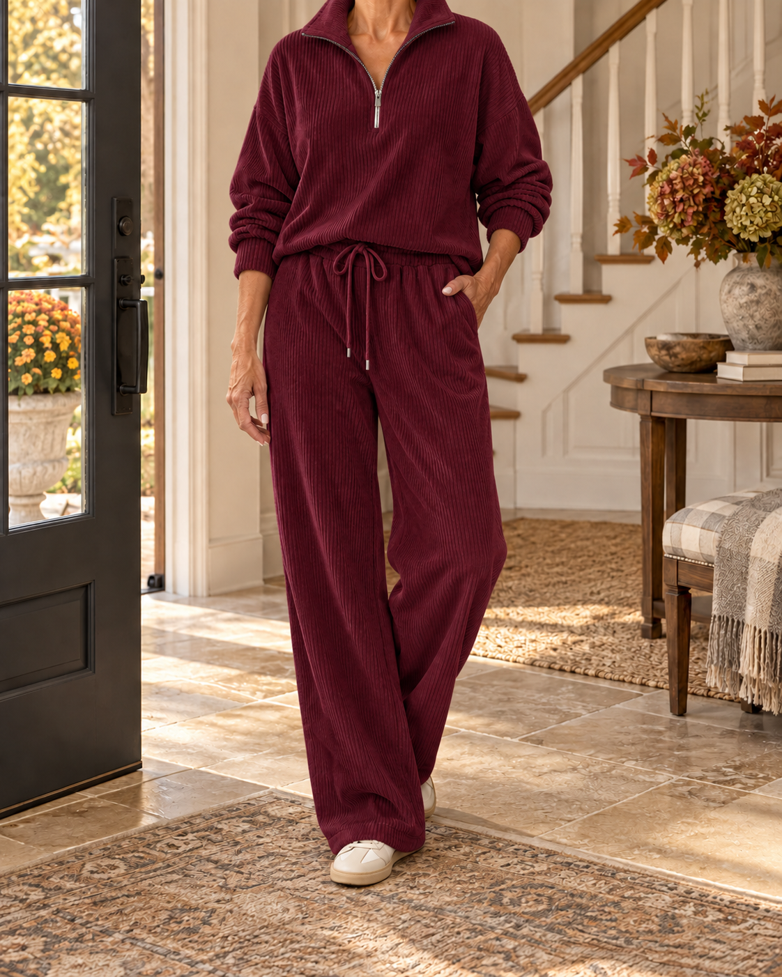 Women's Corduroy Half-Zip Lounge Set – Relaxed Wide-Leg Fit